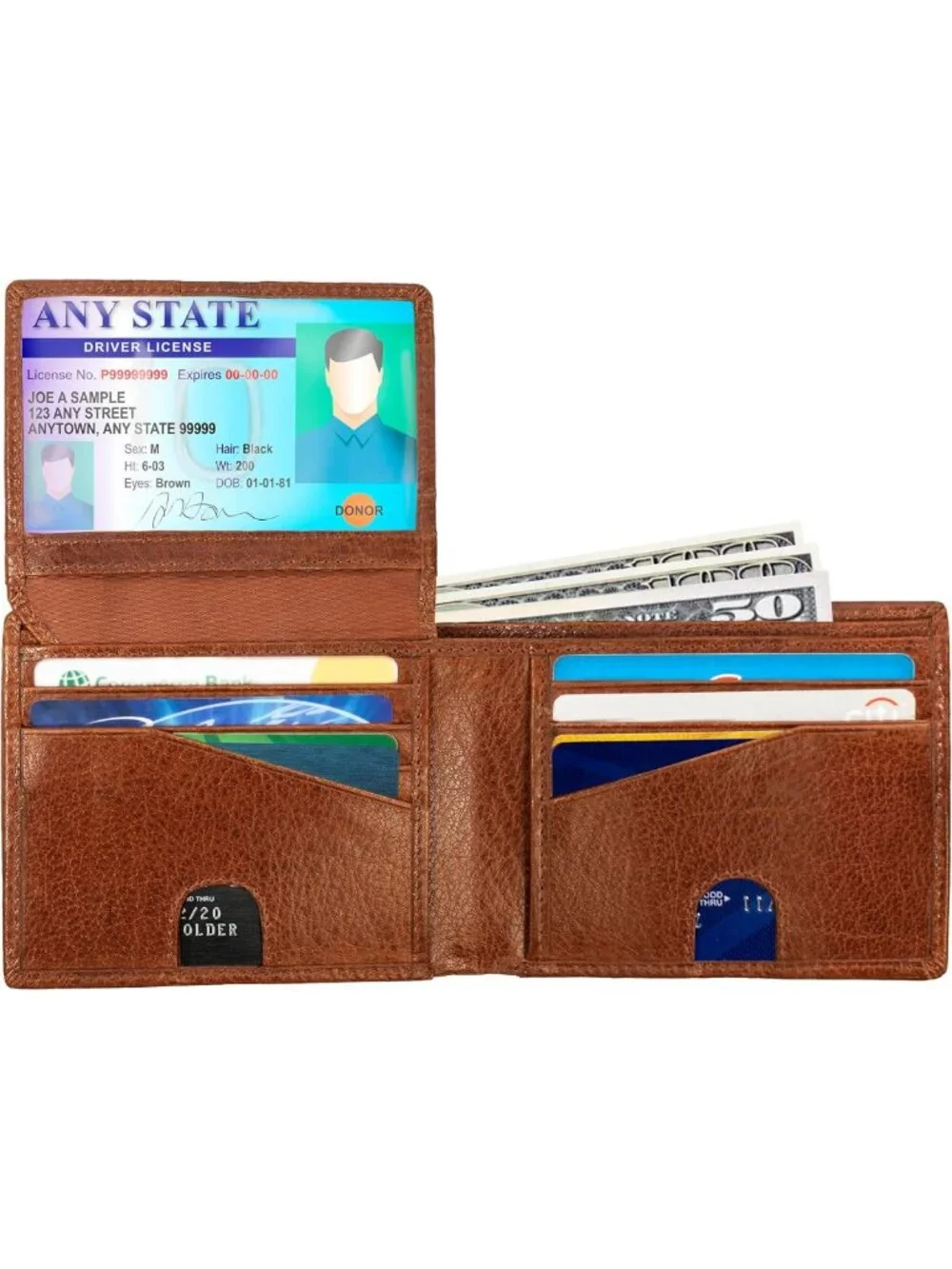 RFID Bifold Leather Wallet for Men, Flip-Up ID, Durable Billfold, Extra